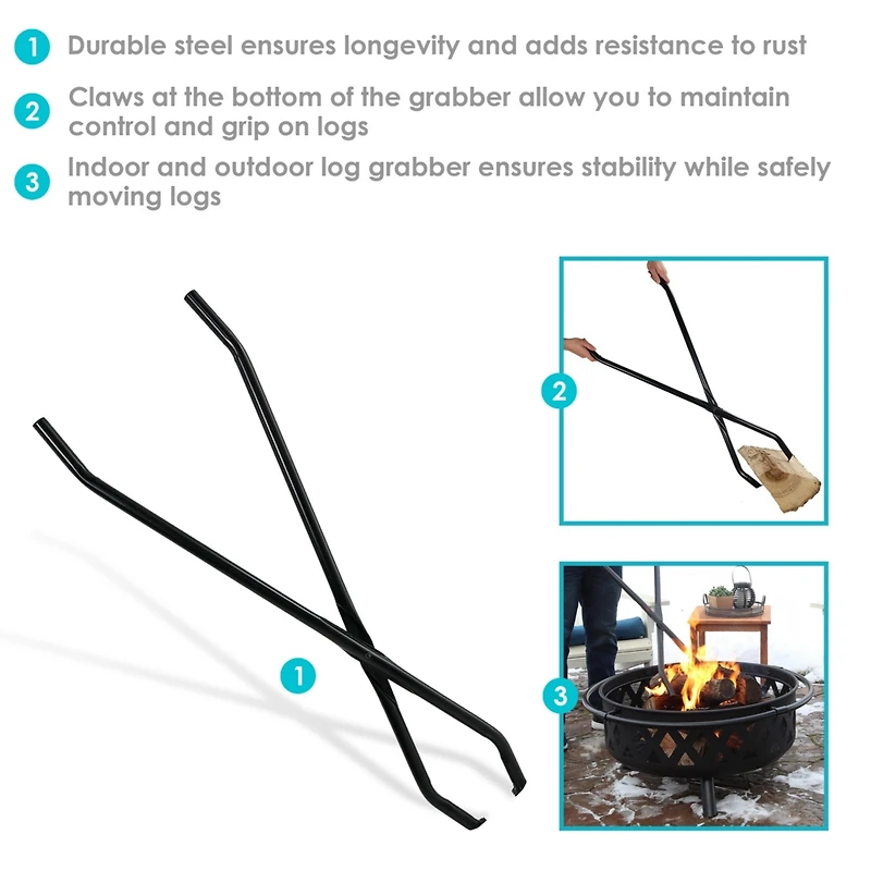 Indoor/Outdoor Fireplace or Fire Pit Heavy-Duty Metal Firewood Log Grabber Tool - 40" - Black