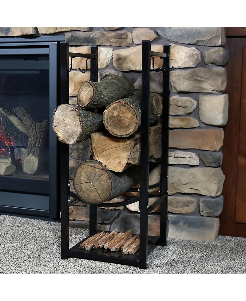 Indoor/Outdoor Steel Fire Pit or Fireplace Firewood Log Rack Holder with Hooks - 32"