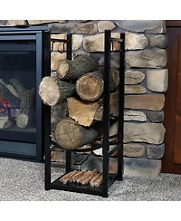 Indoor/Outdoor Steel Fire Pit or Fireplace Firewood Log Rack Holder with Hooks - 32"