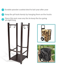 Indoor/Outdoor Steel Fire Pit or Fireplace Firewood Log Rack Holder with Hooks - 32"