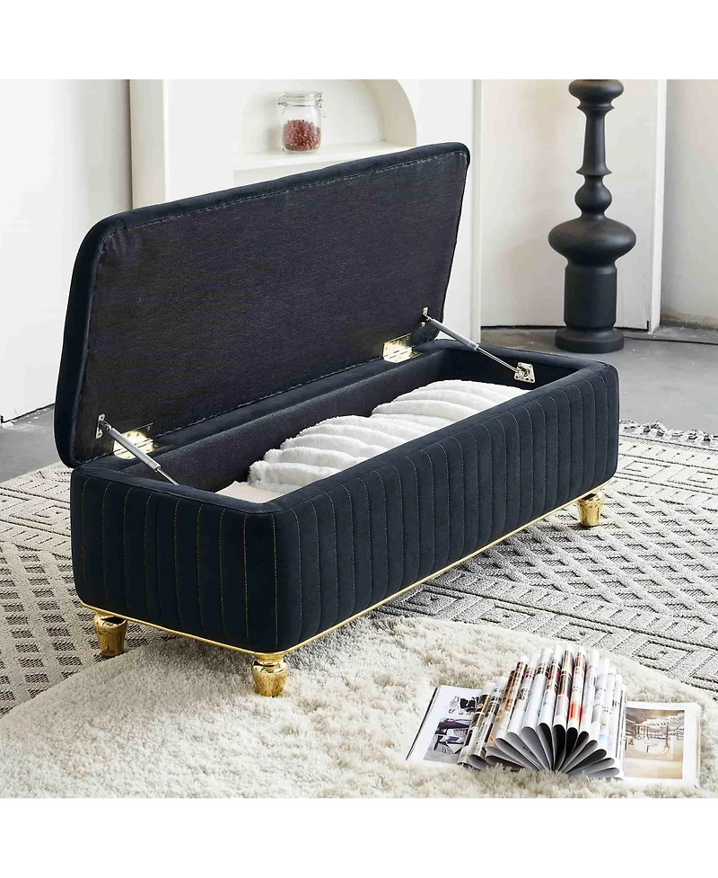 47.24" W Velvet Storage Ottoman Bench with Gold Embroidery, Modern Footstool for Living Room & Bedroom-The Pop Home