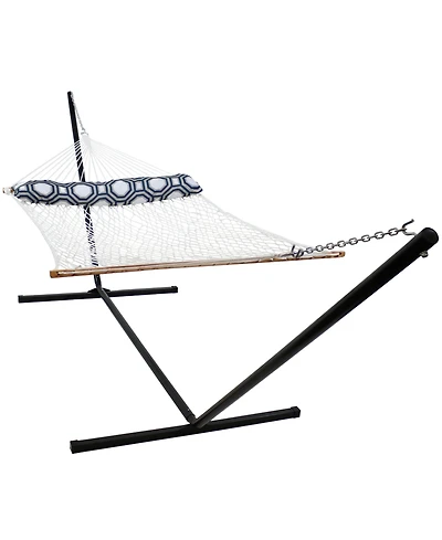 Outdoor 2-Person Double Cotton Rope Hammock with Wood Spreader Bar and 15ft Black Steel Stand - Cream