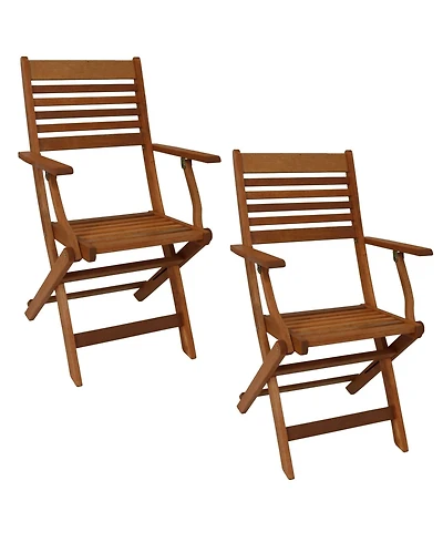 Meranti Wood with Teak Oil Finish Wooden Folding Patio Lawn Slatted Arm Chairs Set - Brown - 2pk