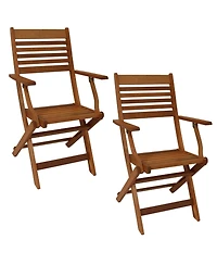 Meranti Wood with Teak Oil Finish Wooden Folding Patio Lawn Slatted Arm Chairs Set - Brown - 2pk
