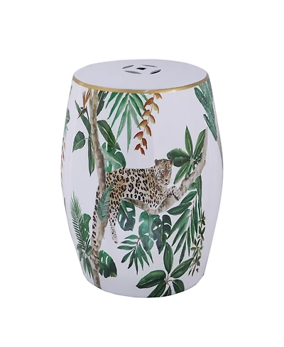 Accent Table with Drum Shape and Tropical Print for Vibrant Home Decor