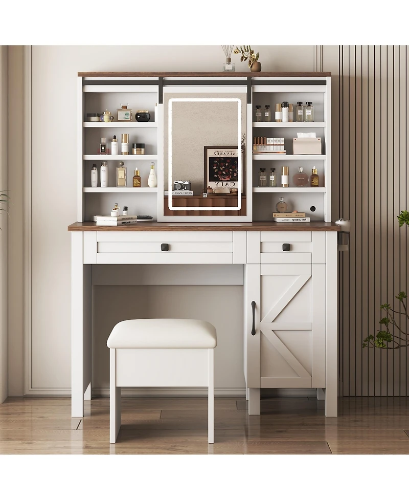 Lovmor Farmhouse Makeup Vanity Desk with Sliding Mirror and Lights and Hairdryer holder and charging socket Multilayer storage Shelves,and 2 drawer an