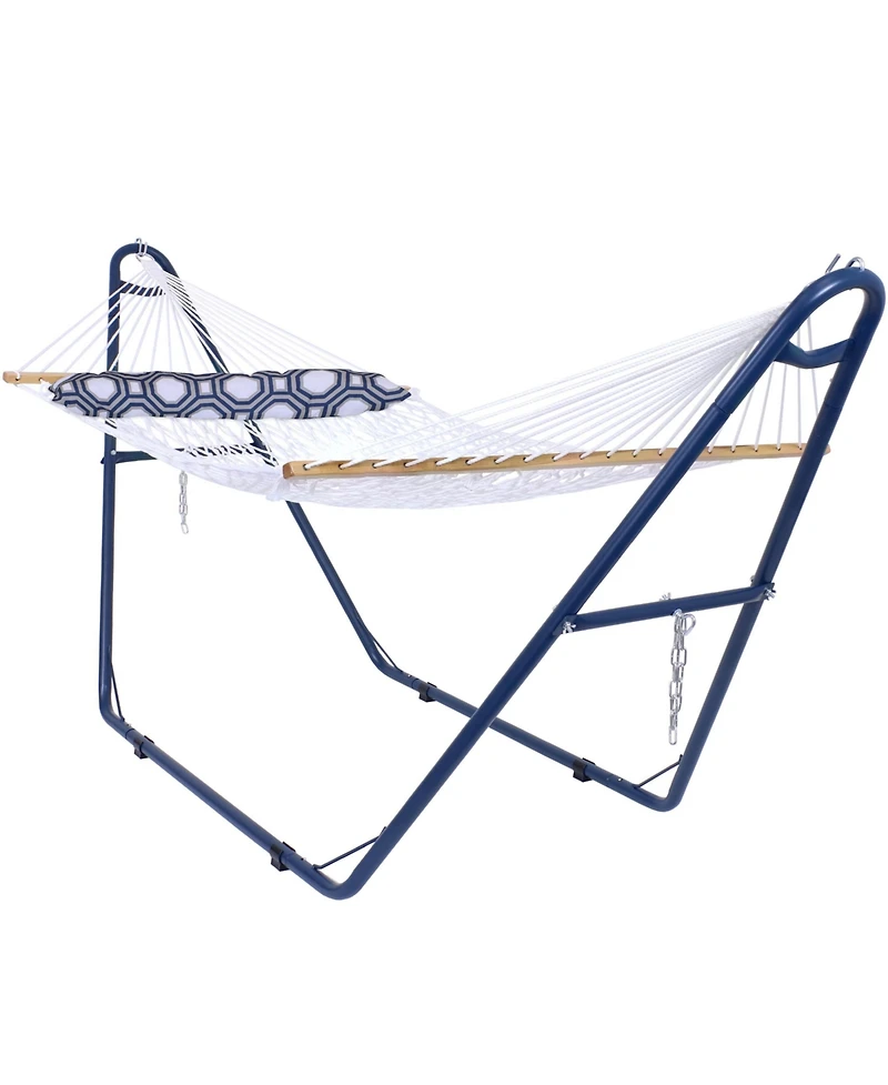 Outdoor 2-Person Double Polyester Rope Hammock with Wood Spreader Bar and Matte Blue Steel Multi-Use Stand