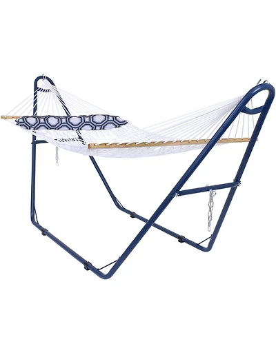 Outdoor 2-Person Double Polyester Rope Hammock with Wood Spreader Bar and Matte Blue Steel Multi-Use Stand