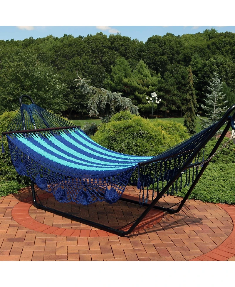 Heavy-Duty Deluxe Hand-Woven Cotton American-Style Mayan Hammock with Spreader Bars - 770 lb Weight Capacity Blue