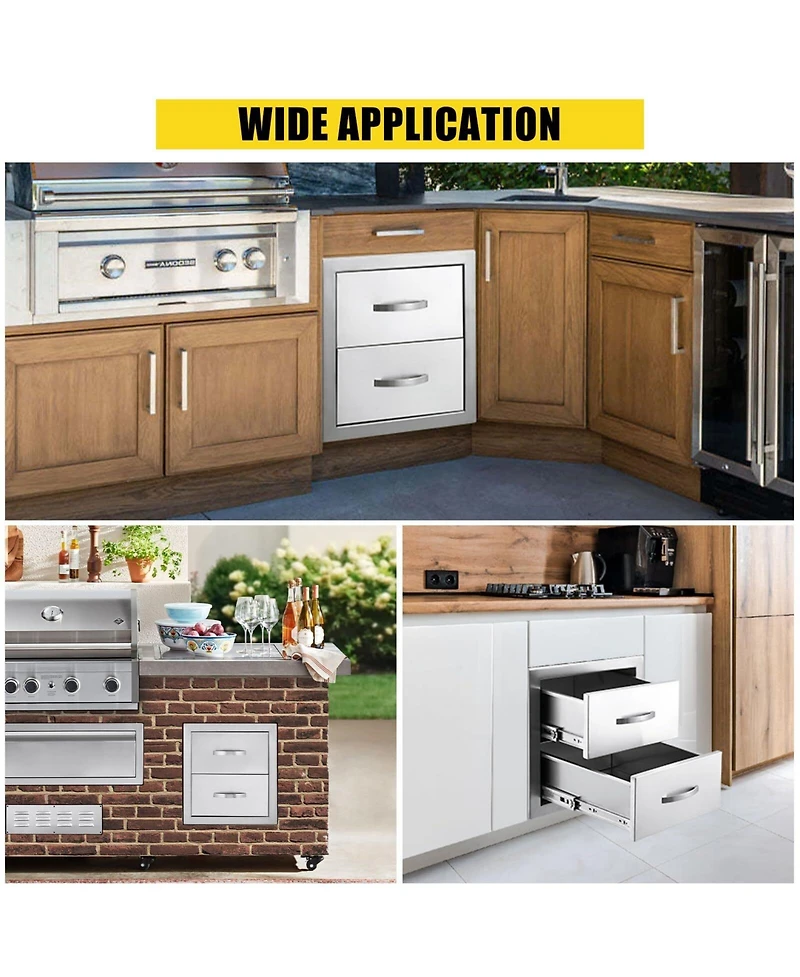 gaomon Outdoor Kitchen Drawers, Stainless Steel Flush Mount Double Bbq Storage Drawers, 14W x 23D x 15H Inches Built-in Access Drawers with Venting Pa