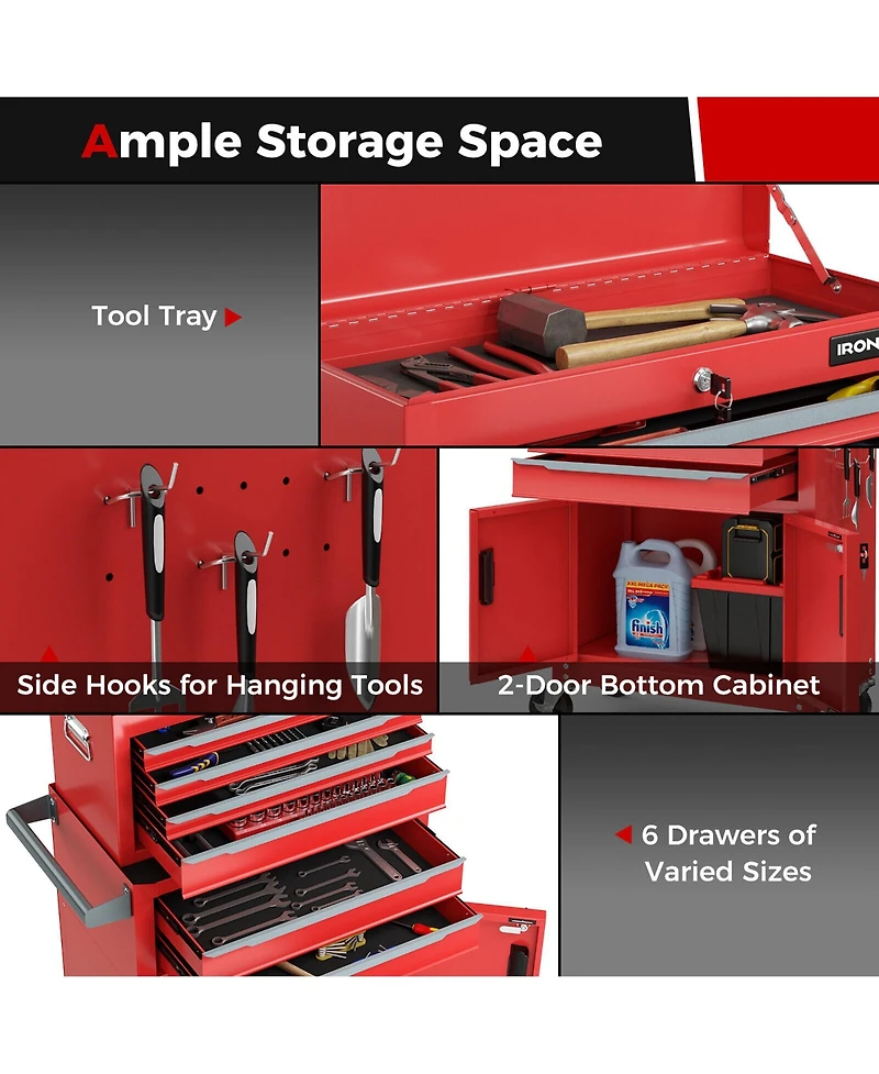 Gymax 2 in 1 Rolling Cabinet Storage Organizer Chest Box Garage 6 Drawer Toolbox