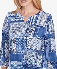 Alfred Dunner Women's Classic Beaded Split Neck Patchwork Top