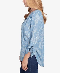 Alfred Dunner Women's Classic Super Soft Scroll V-Neck Henley Top