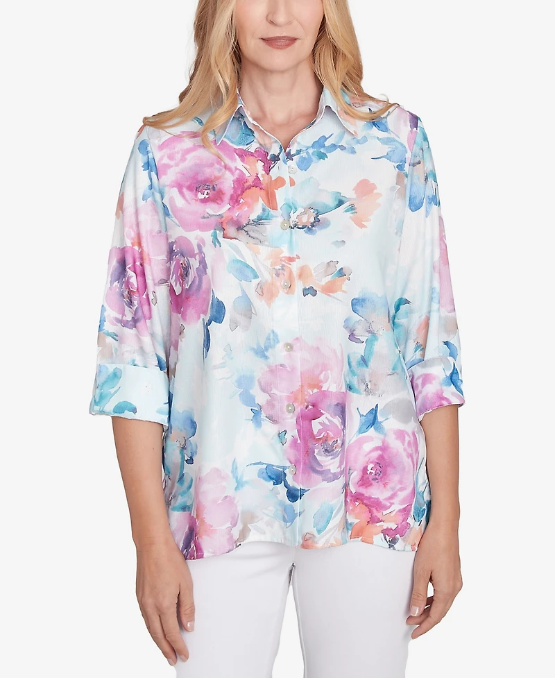 Alfred Dunner Women's Classic Floral Watercolor Button Down Top