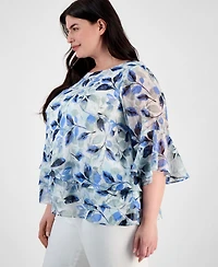 Alex Evenings Plus Size Floral Print Tiered Bell-Sleeve Blouse