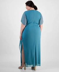Alex Evenings Plus Size Embellished-Sleeve Draped Chiffon Gown
