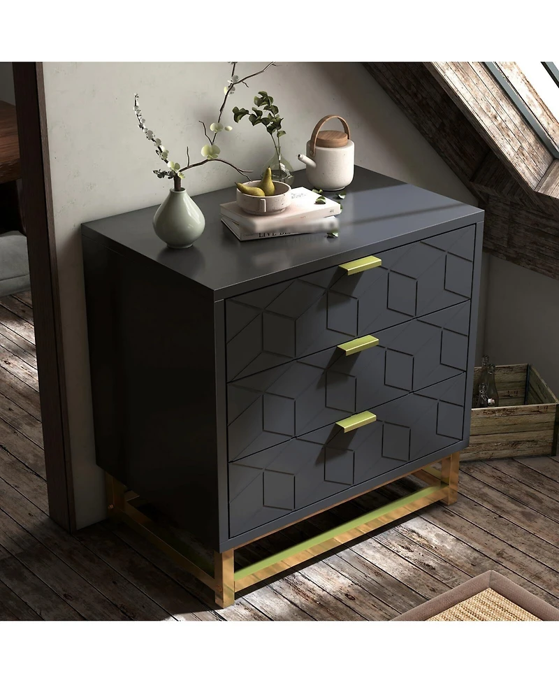 3 Drawer Dresser for Bedroom, Wood Chest of Drawers with Metal Legs, Modern Storage Dresser Chest Cabinet Organizer, Large Dresser for Hallway