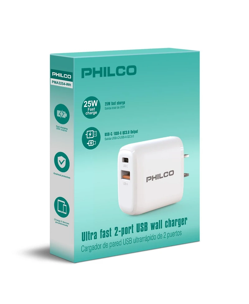 Philco Dual Port Usb-c & Usb-a Charger, Power Delivery 3.0 & Quick Charge 3.0, 25W Fast Charging