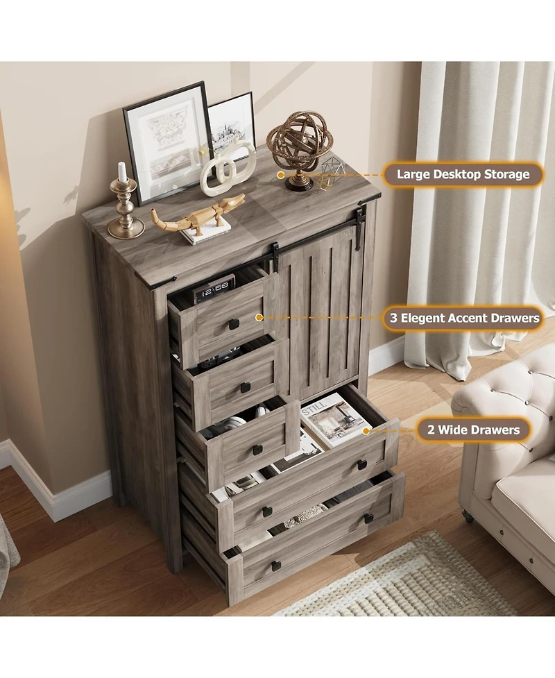 5 Drawer Dresser, Farmhouse Wooden Chest of Drawers with Sliding Barn Door, Adjustable Shelf, Tall Antique Dresser, Storge Cabinet for Bedroom