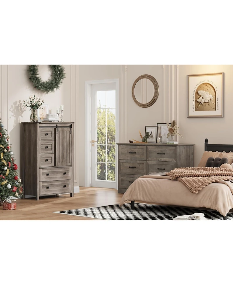 5 Drawer Dresser, Farmhouse Wooden Chest of Drawers with Sliding Barn Door, Adjustable Shelf, Tall Antique Dresser, Storge Cabinet for Bedroom