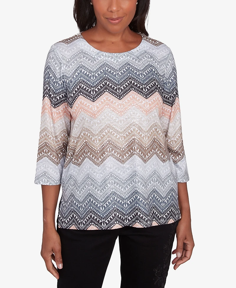 Alfred Dunner Petite Classics Lacey Ombre Chevron Crewneck Top