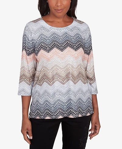 Alfred Dunner Petite Classics Lacey Ombre Chevron Crewneck Top