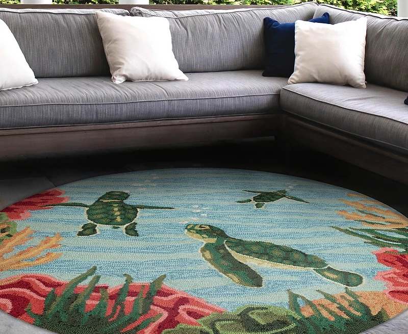 Liora Manne' Frontporch Swimming Baby Turtles 3'x3' Round Area Rug