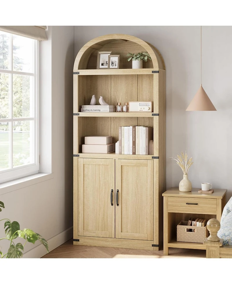 gaomon Bookcase with Doors Arched Bookshelf 71.65in Tall Bookcase Farmhouse Cabinet