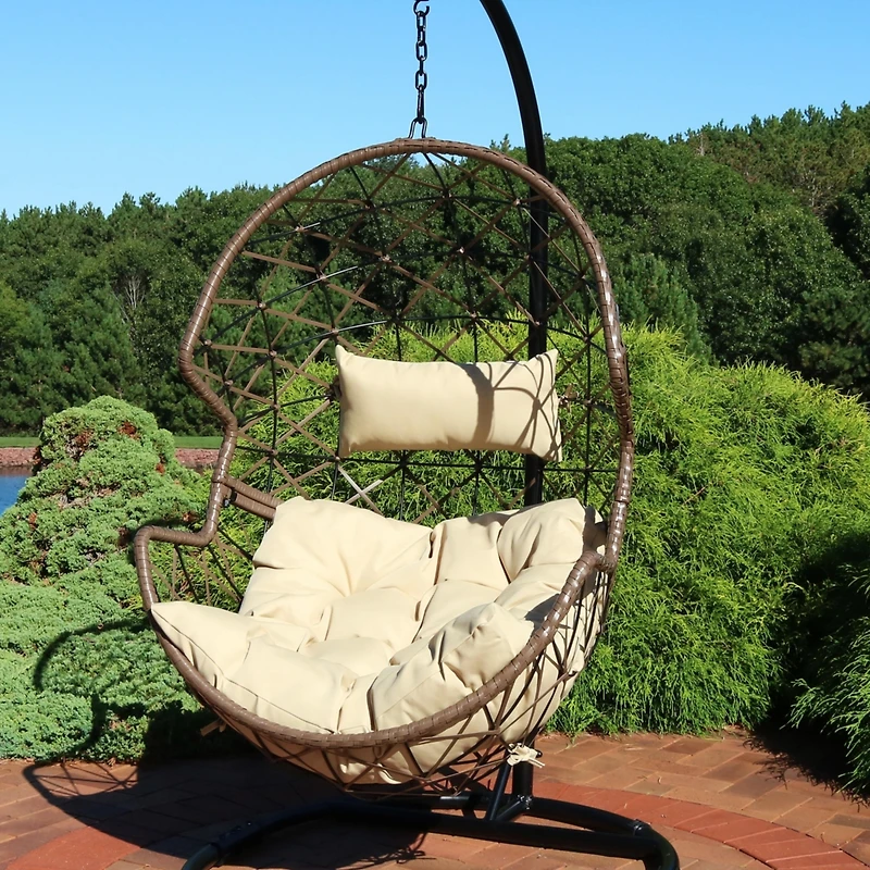 Lorelei Hanging Egg Chair - Outdoor Patio Lounge Seat - Boho Style Furniture - Resin Wicker Basket Design - Includes Beige Cushion