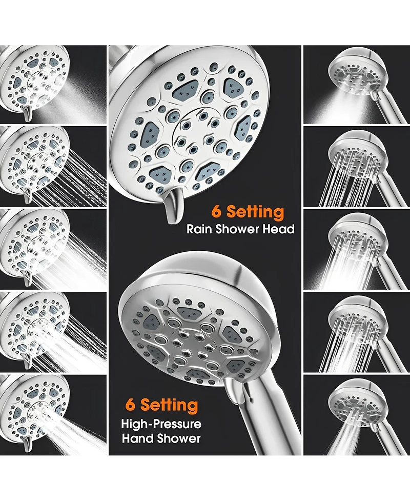 Sugift 6-Spray Setting High Pressure Dual Rain Shower Head with Handheld Valve and 59" Flexible Hose (Brushed Nickel)