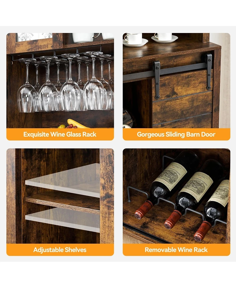 gaomon 70" Farmhouse Bar Wine Cabinet with Sliding Barn Doors, Coffee Liquor Cabinets with Storage Shelves and Glasses Rack for Kitchen