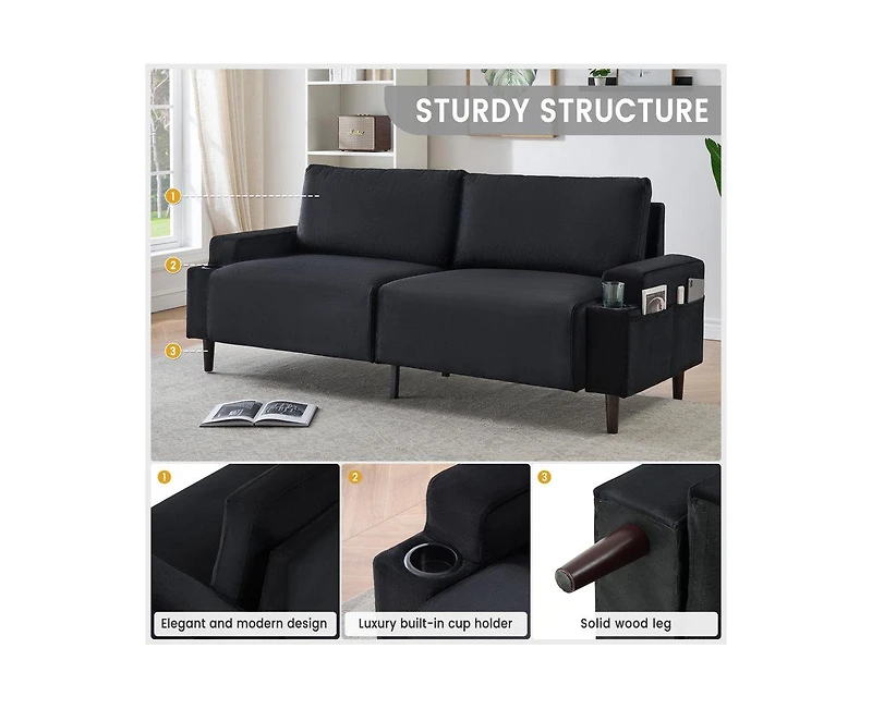 gaomon 80.7" Modern Square Armrest Cushioned Sofa with Storage Bag and Cup Holders, Small Couch Mid Century for Living Room, Apartment and Office
