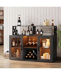 gaomon Farmhouse Wine Bar Cabinet with Led Light,Tempered Glass Doors, Power Outlet,Wine and Goblet Holder,Liquor Storage Cabinet for Dining Room, Liv