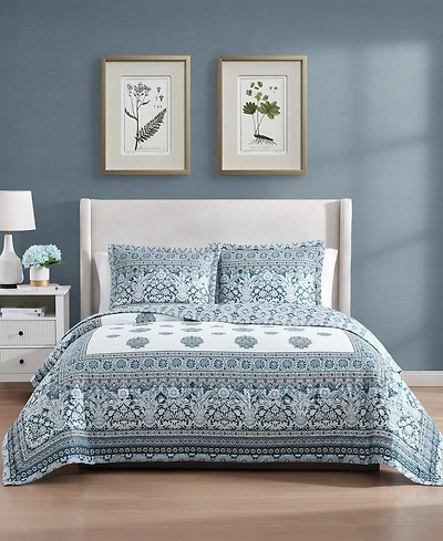 Bebejan Aquamarine Medallion 100% Cotton Sateen 3 Piece King Size Reversible Quilted Coverlet Set