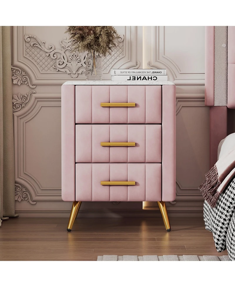 Lovmor Upholstered Wooden Nightstand with 3 Drawers and Metal Legs&Handles, Bedside Table with Marbling Worktop