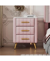 Lovmor Upholstered Wooden Nightstand with 3 Drawers and Metal Legs&Handles, Bedside Table with Marbling Worktop