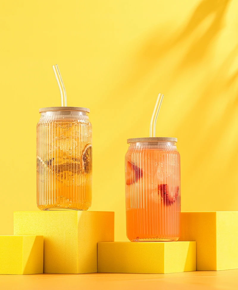 JoyJolt Fluted Glass Tumblers with Bamboo Lids and Straws, Set of 4