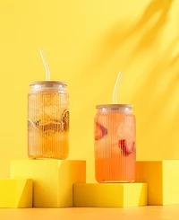 JoyJolt Fluted Glass Tumblers with Bamboo Lids and Straws, Set of 4