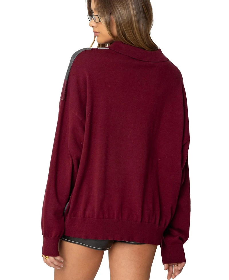 Edikted Women's Argyle Oversized Polo Sweater