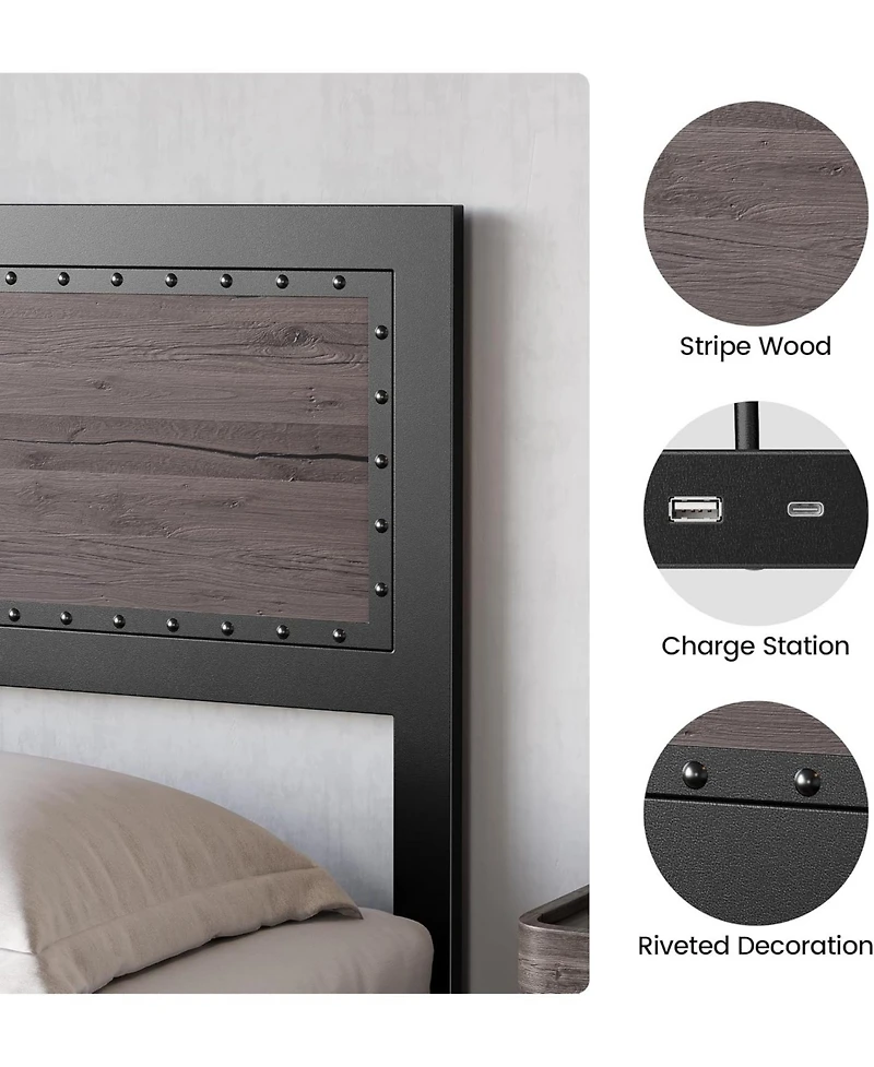 gaomon Queen Size Bed Frame with Headboard, Industrial Platform Bed Frame with Charging Station, No Box Spring Required, Easy to Assemble, Wooden Matt