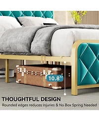 gaomon King Bed Frame with Velvet Storage Headboard, Heavy Duty Steel Slats Support Metal Platform Bed Frame w/Charging Station & Led, App Remote Cont