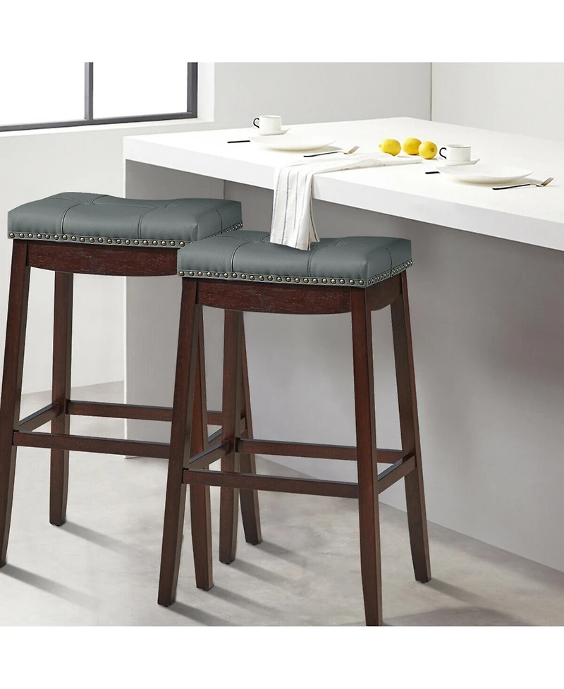 Gymax Set of 2 Nailhead Saddle Bar Stools 29'' Pub Chairs with Rubber Wood Legs
