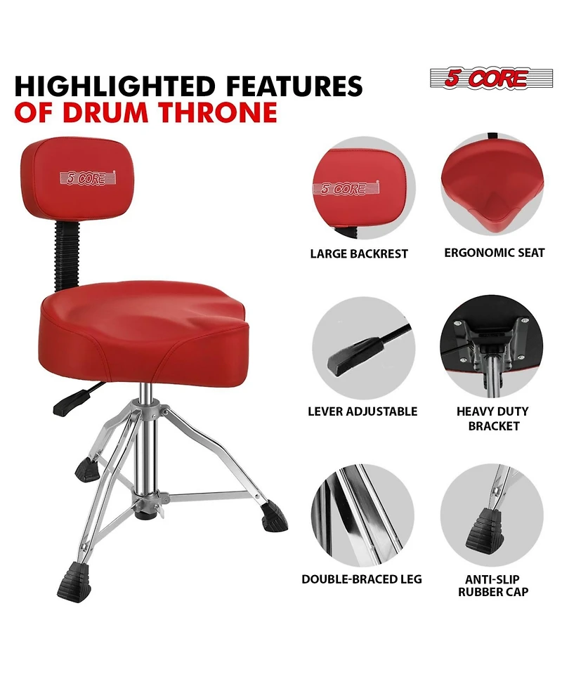 5 Core Drum Throne with Backrest Thick Padded Adjustable Guitar Stool Motorcycle Style Saddle Music Chair Seat for Adult Drummers