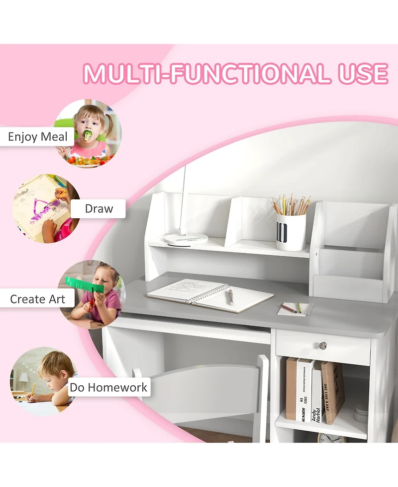 Qaba Kids Desk and Chair Set for 5-8 Year Old with Storage,