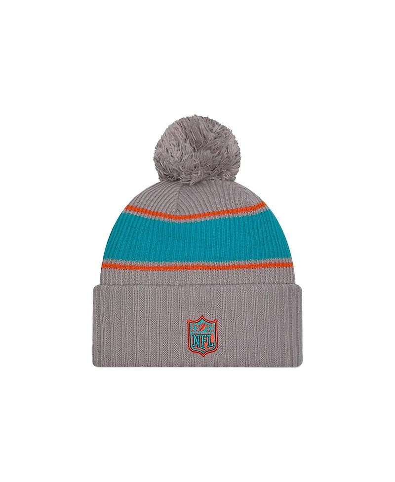 New Era Men's Gray Miami Dolphins 2024 Sideline Sport Cuffed Knit Hat with Pom