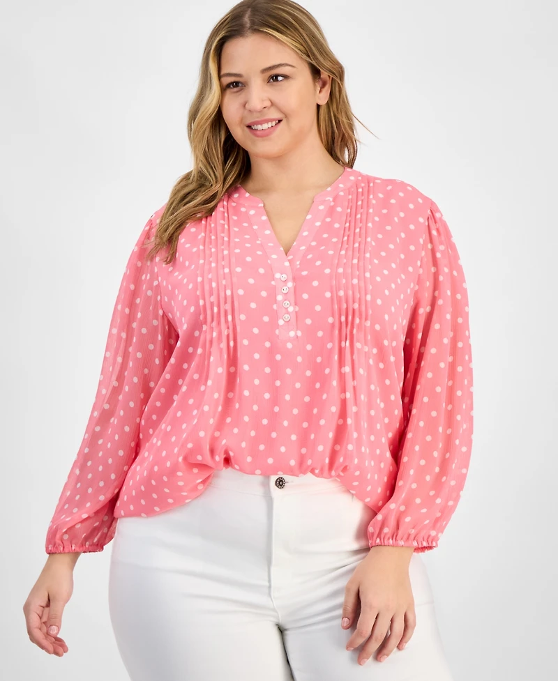 Tommy Hilfiger Plus Dot Print Pintuck 3/4-Sleeve Top