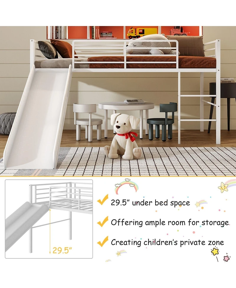 Gouun Twin Metal Loft Bed with Slide Safety Guardrails and Built-in Ladder