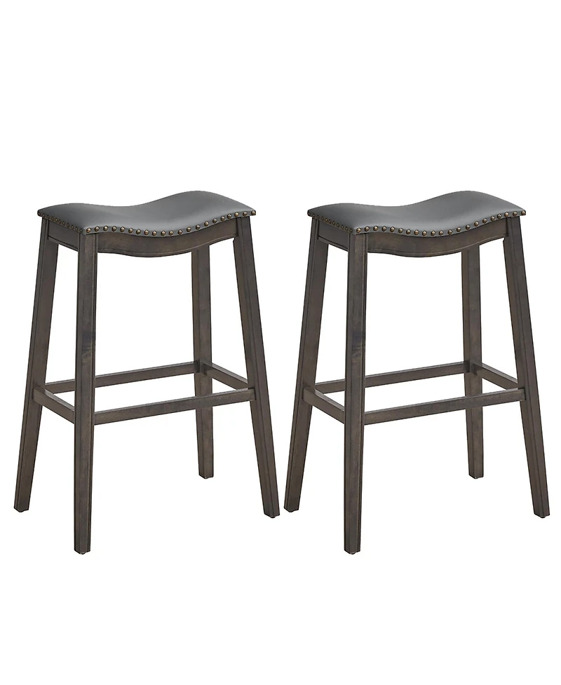 Gymax Set of 2 Saddle Bar Stools Bar Height Kitchen Chairs w/ Rubber Wood Legs