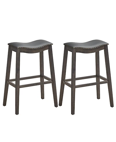 Gymax Set of 2 Saddle Bar Stools Bar Height Kitchen Chairs w/ Rubber Wood Legs