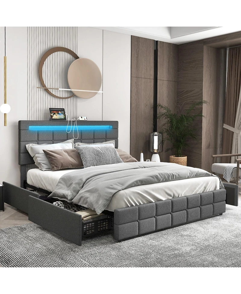 Gouun Upholstered Led Bed Frame with Headboard and 4 Drawers-Full Size